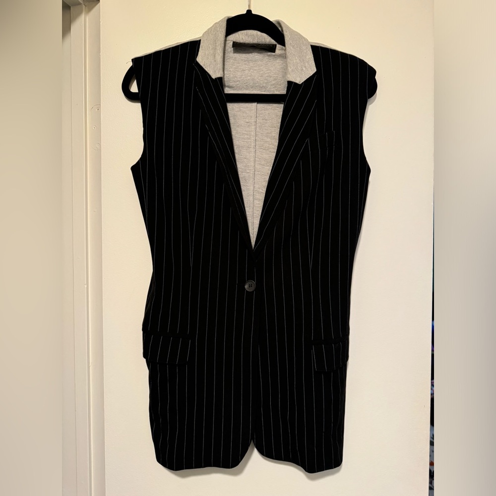 Norma Kamali Black & Grey Terry Striped Long Line Vest